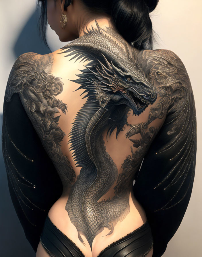 Detailed Dragon Tattoo with Scales on Person's Back