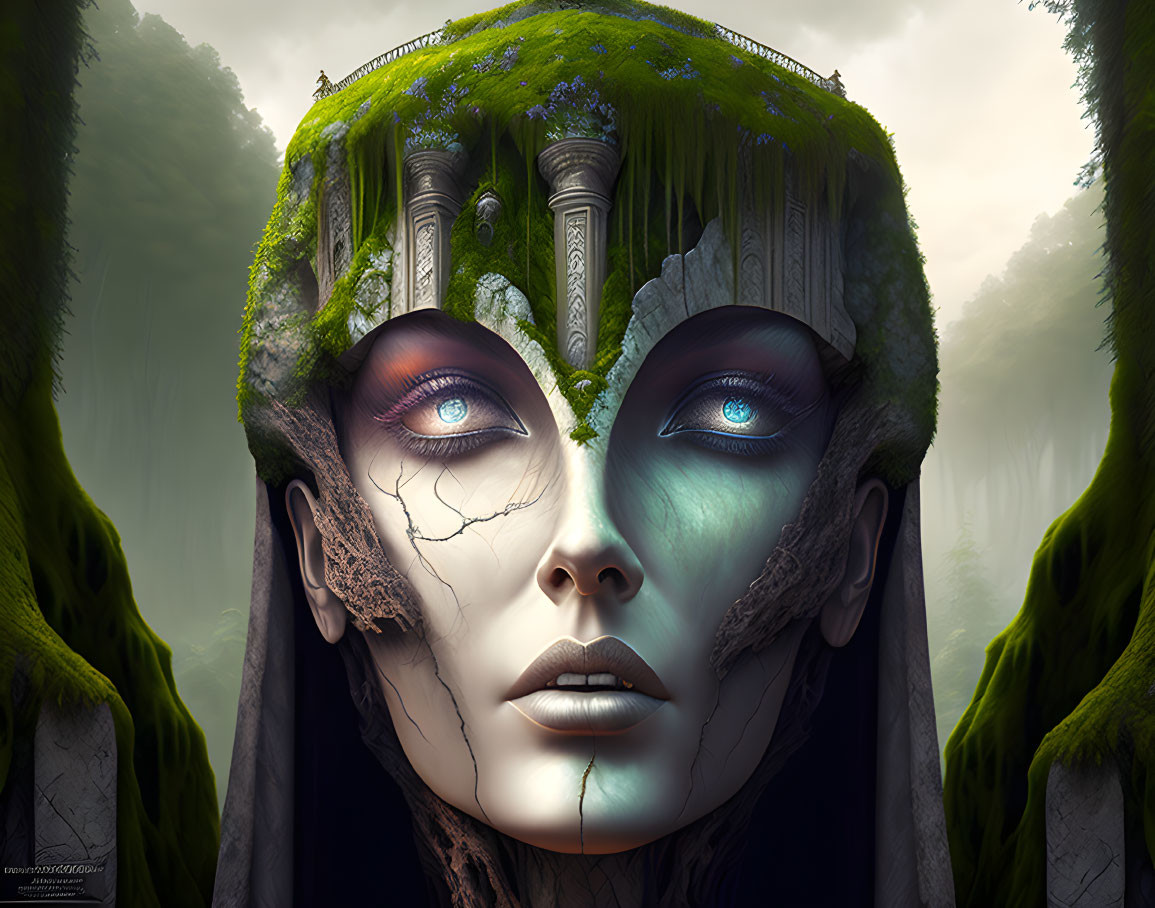 Surreal portrait featuring face with temple-like crown merging with forest landscape