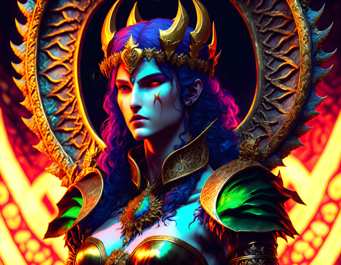 Blue-skinned female warrior in golden armor on fiery wing backdrop