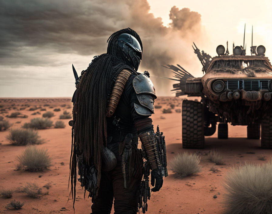 Post-apocalyptic figure in gear and mask confronts spiked armored vehicle in desert under cloudy sky.