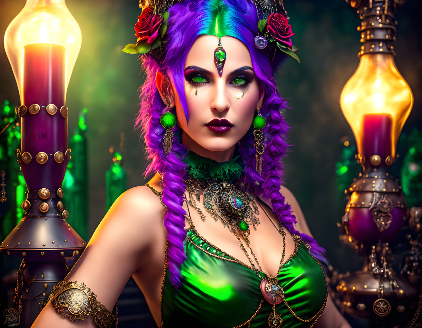 Woman with Purple Hair and Elaborate Jewelry in Green Attire with Glowing Lanterns