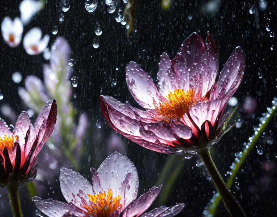 Vibrant purple flowers with water droplets on dark background