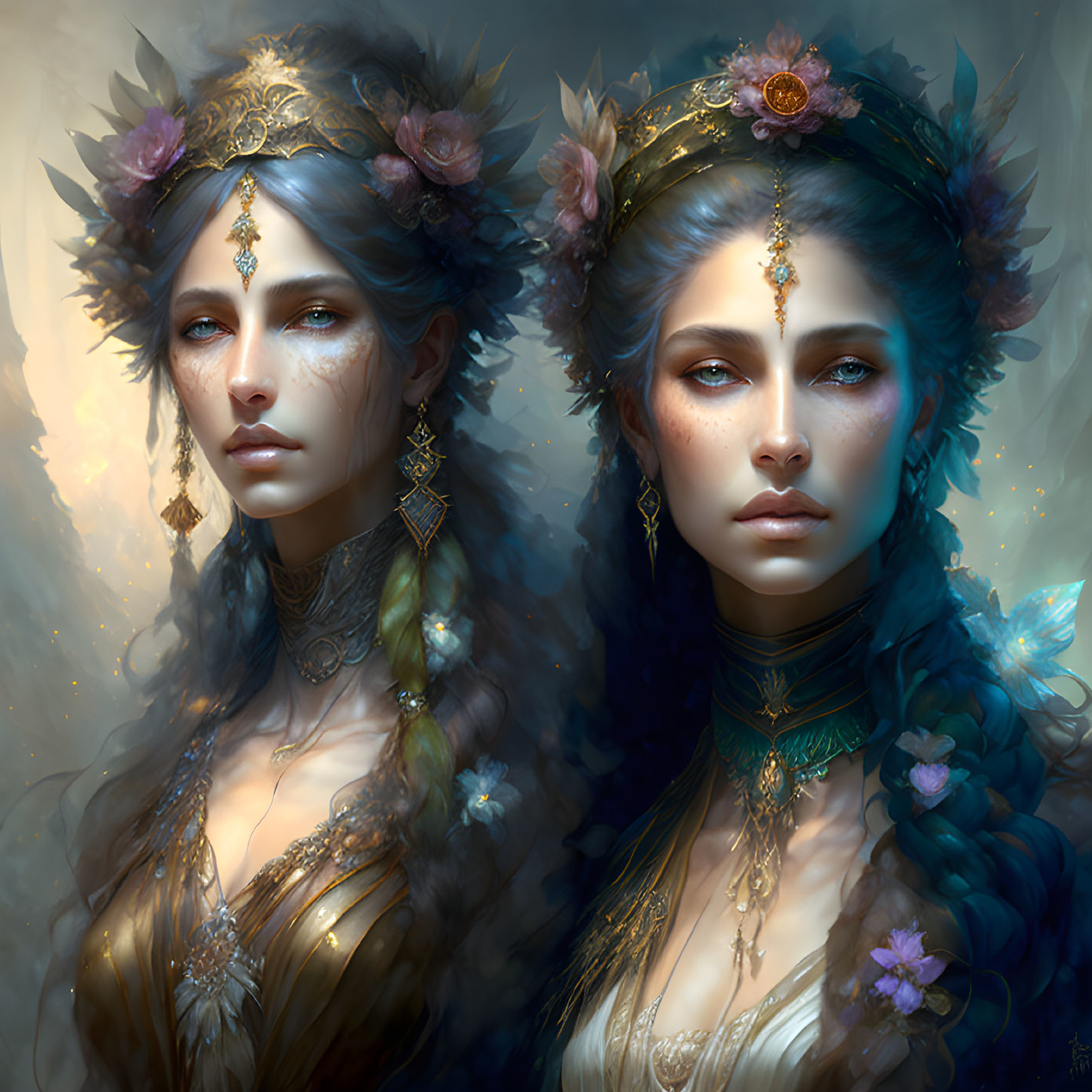 Ethereal women with floral crowns and gemstone jewelry on soft backdrop