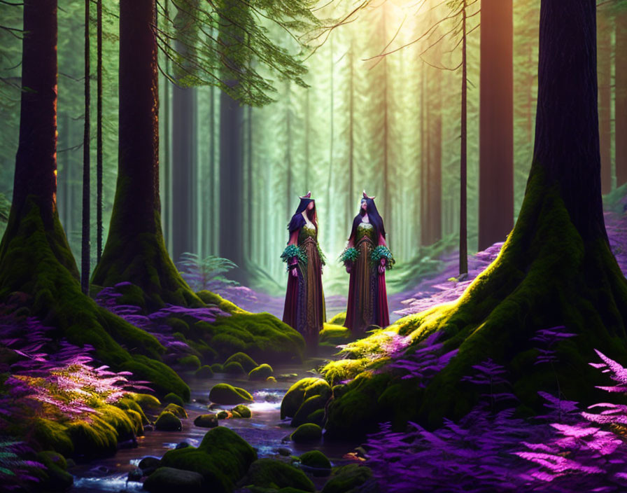 Mystical figures in robes in vibrant forest with stream