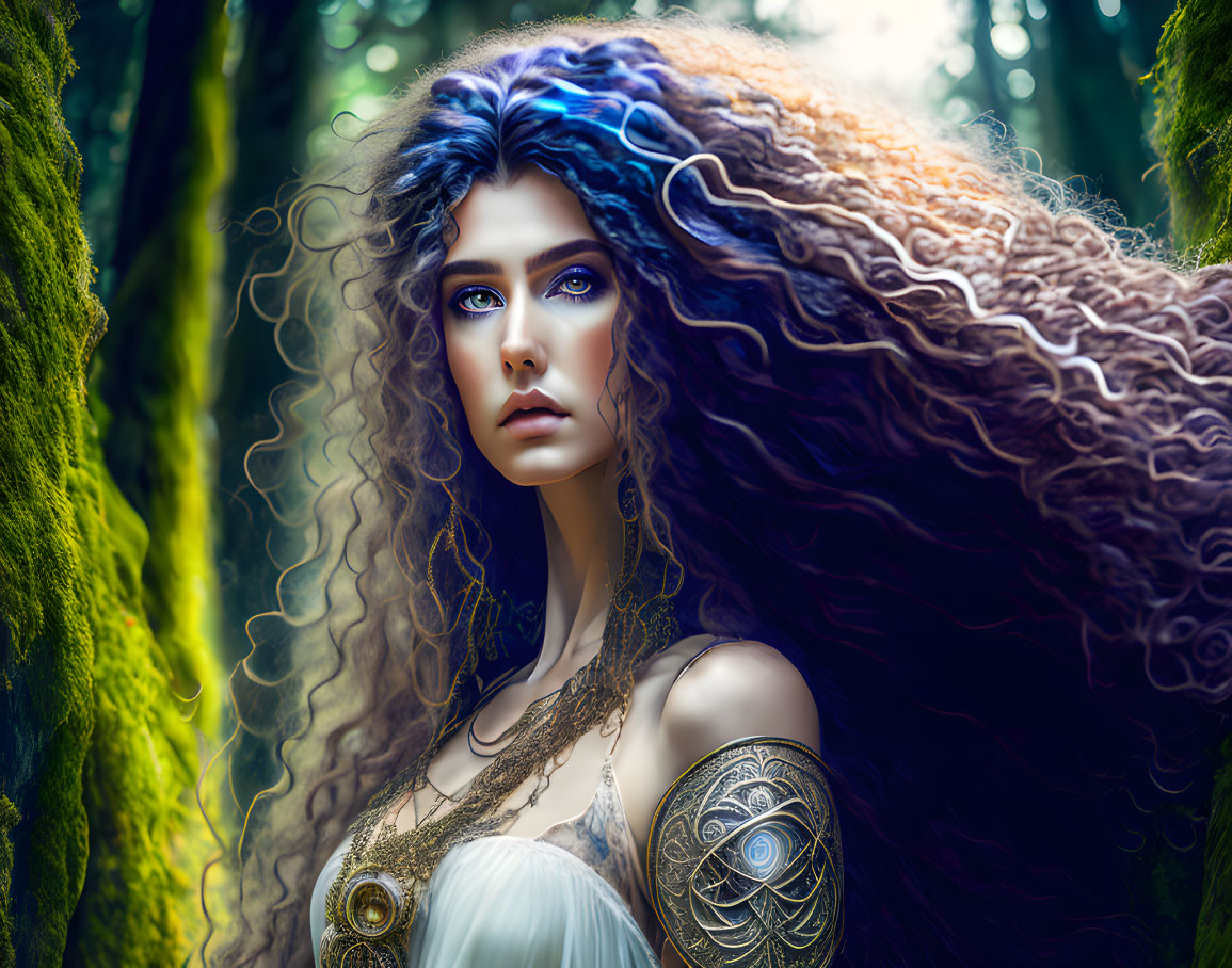 Fantasy portrait of woman with curly hair, blue eyes, tattoos, in enchanted forest