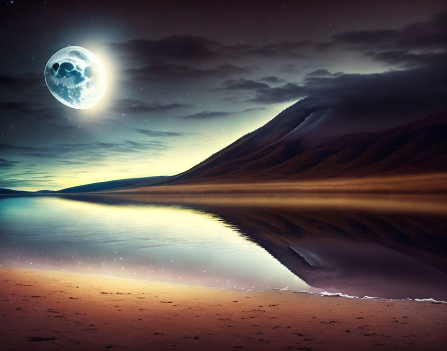 Full Moon Shining Over Tranquil Lake Scene