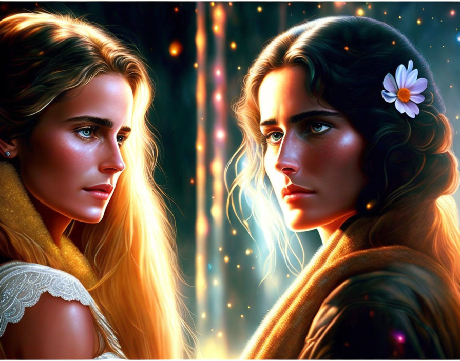 Two women with similar features in contrasting lighting, one with a flower in her hair.