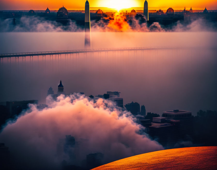 Urban skyline at sunrise with foggy buildings and bridge against orange sky