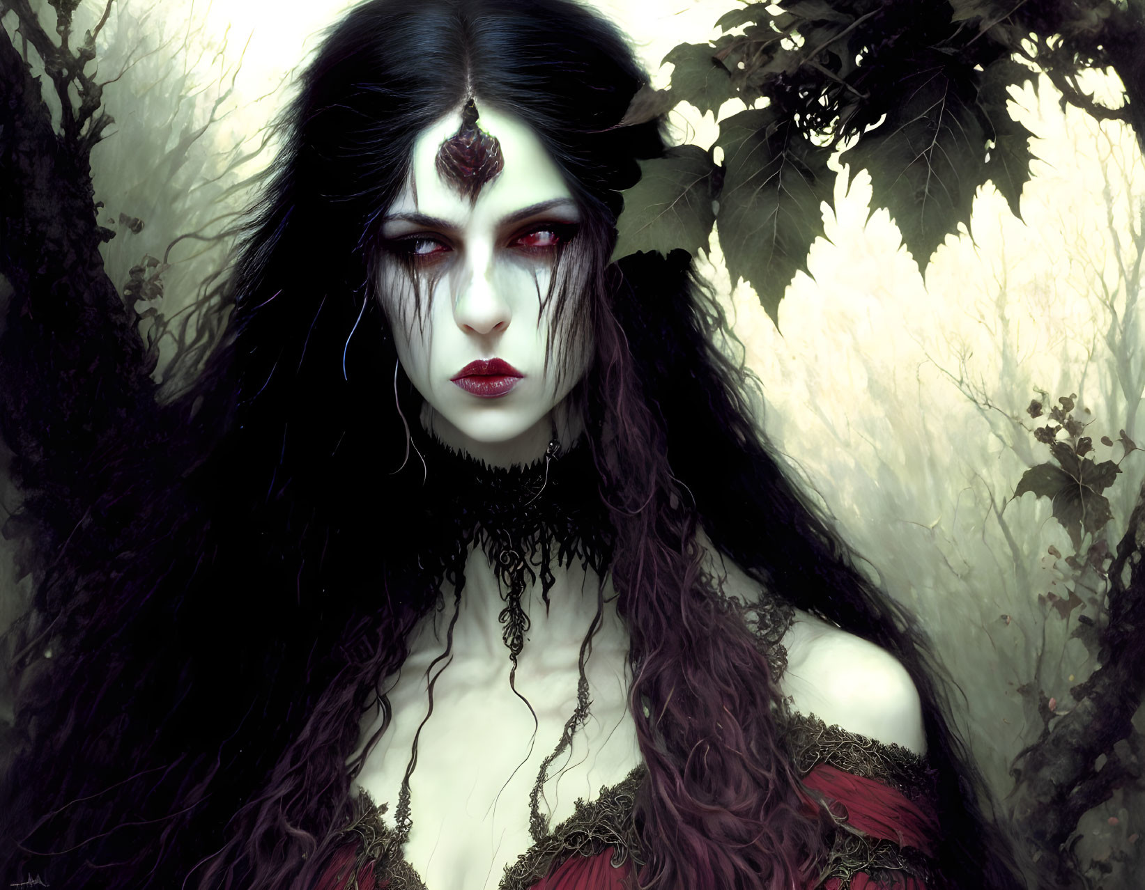 Dark Fantasy Art: Pale Woman with Red Eyes in Misty Forest