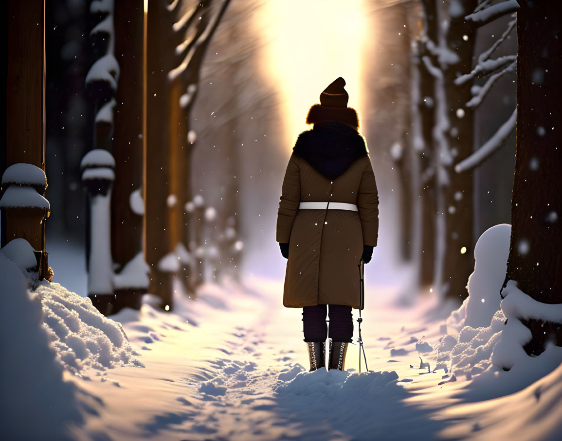 Person in warm winter clothing in snowy forest with light streaming through trees