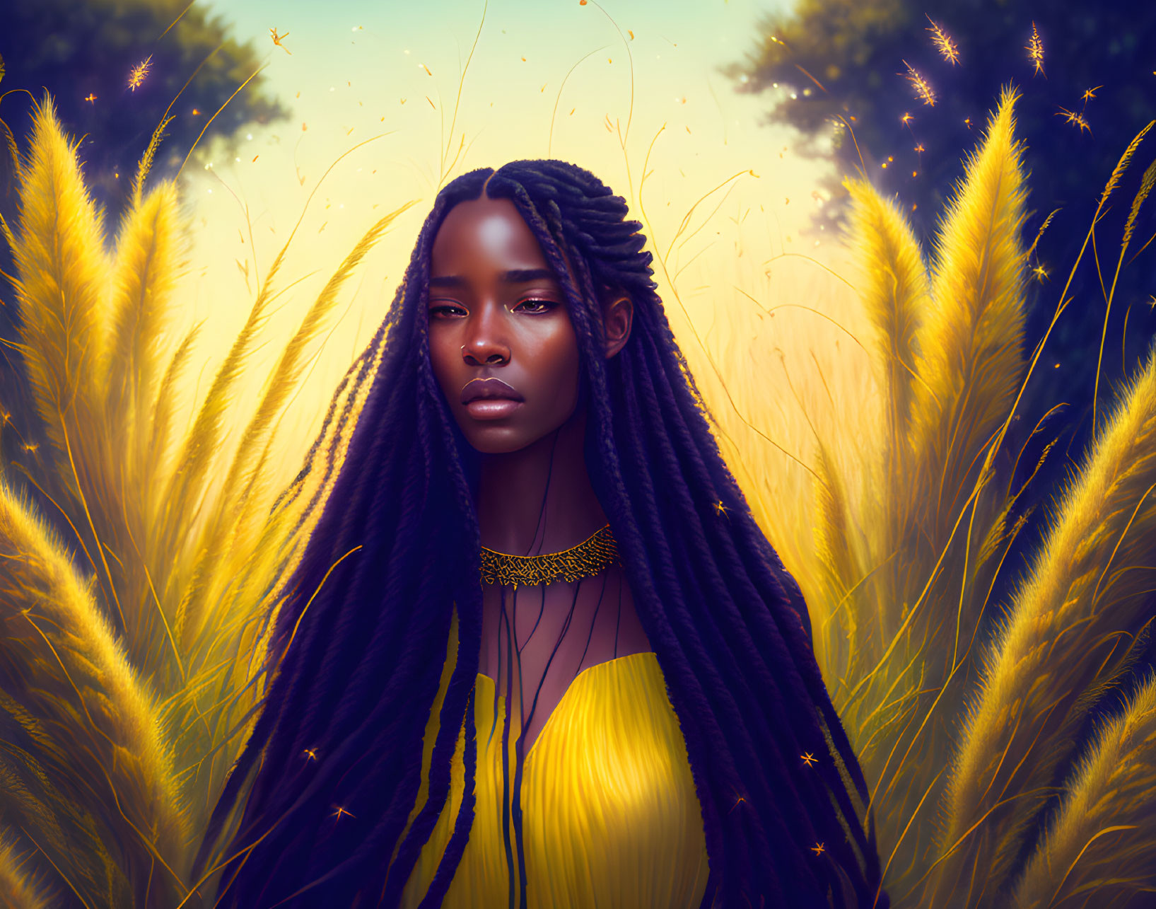 Woman with long braids in yellow dress among golden wheat in enchanted setting