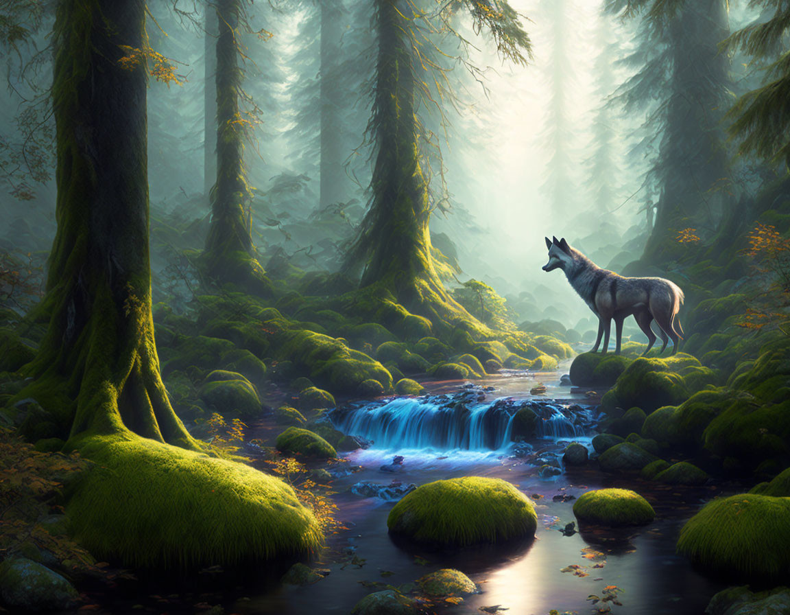 Wolf in misty forest beside stream with sunlight filtering through trees