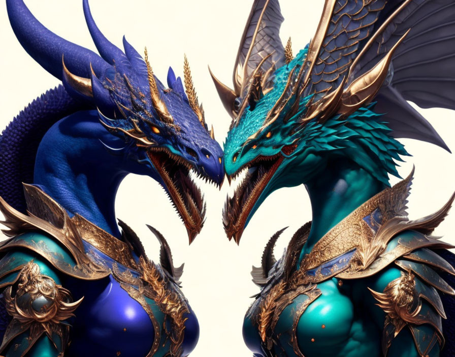 Vividly colored dragons in intricate golden armor face off.