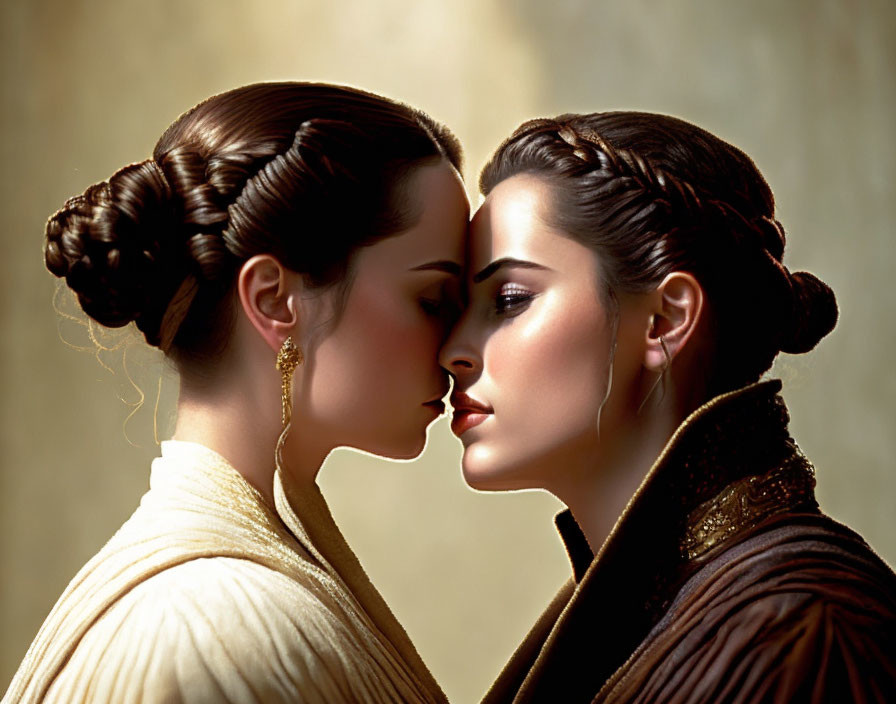 Two women with intricate braided hairstyles in intimate pose on soft background