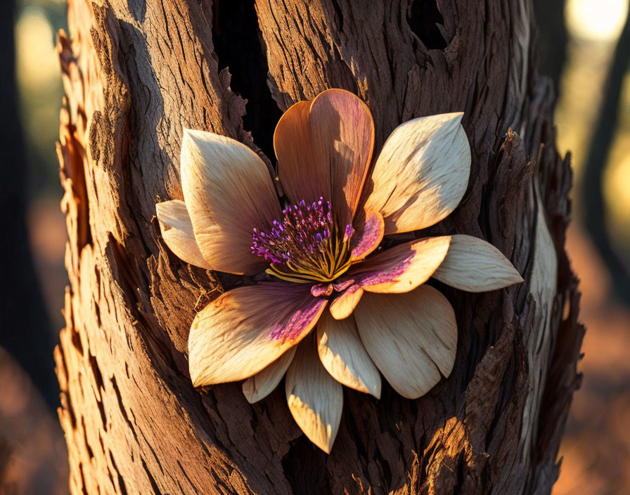 Pale petal flower with vibrant purple center on tree trunk in sunlight