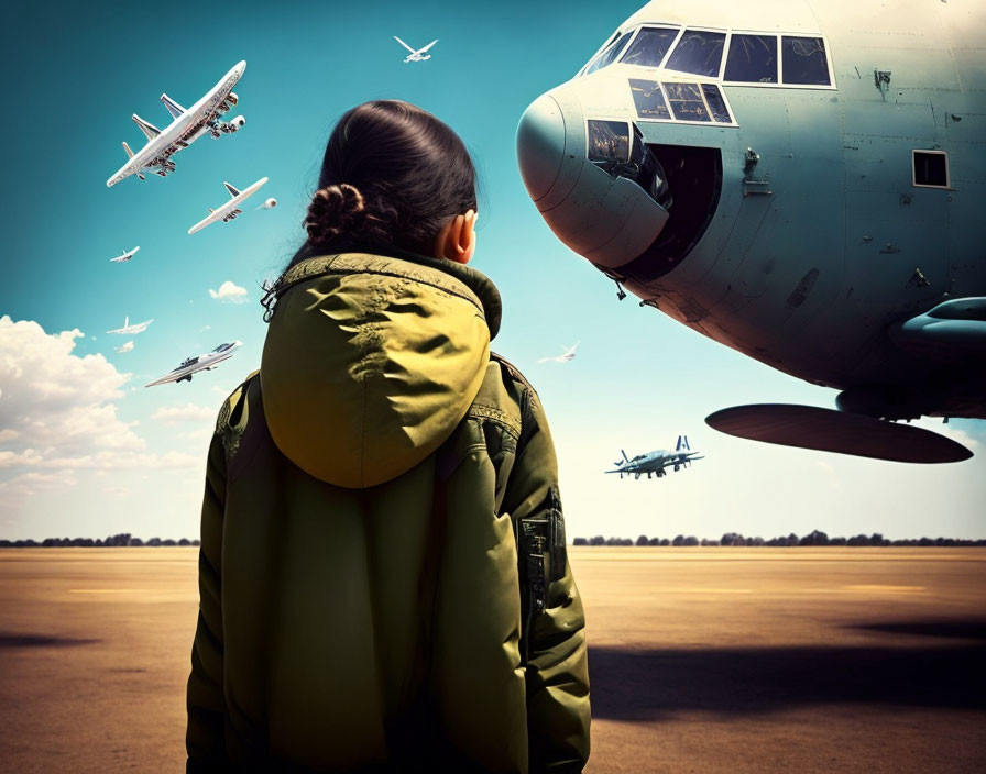 Child in green jacket watches airplanes on airfield