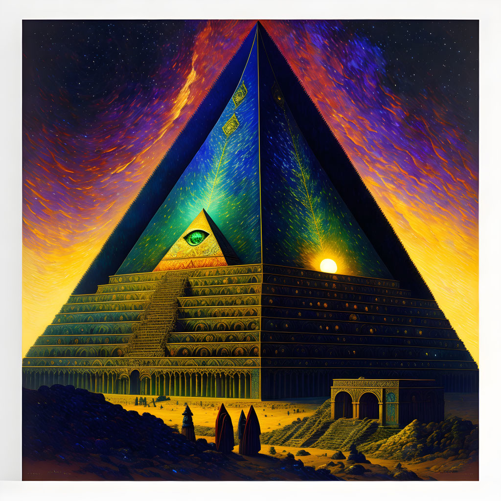 Pyramid painting with eye symbol, robed figures, and sunset scene