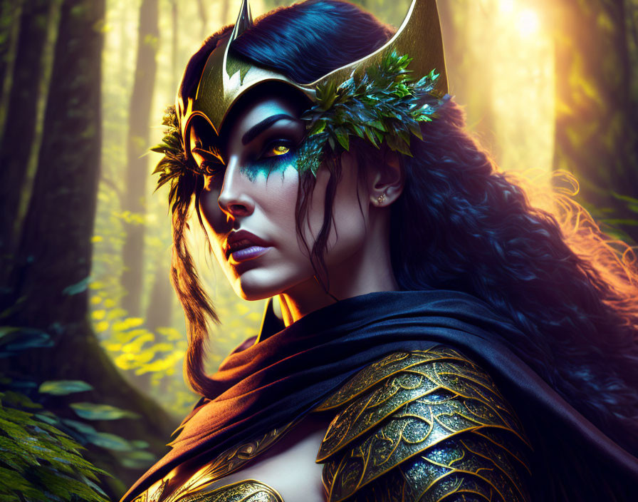 Fantasy portrait: Woman with elf-like ears in ornate armor and leaf crown in mystical forest