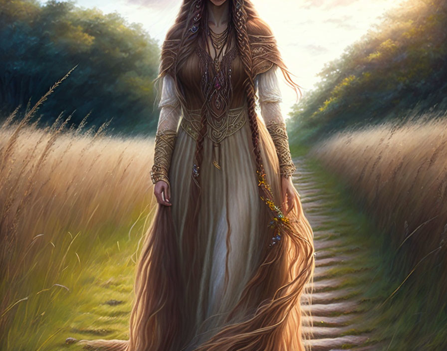 Fantasy-style woman with long hair on path at dusk