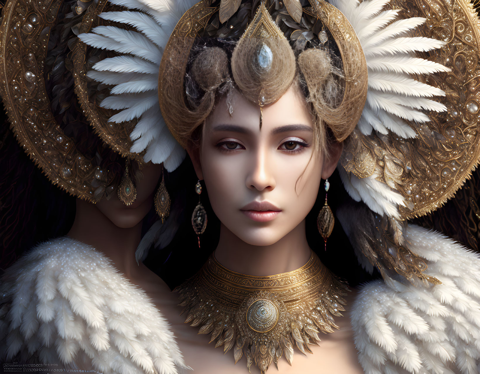 Elaborate feathered headdress and intricate jewelry on woman.