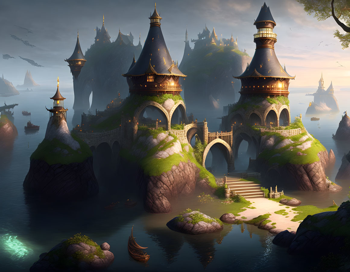 Majestic castles on cliffs in fantasy dusk landscape