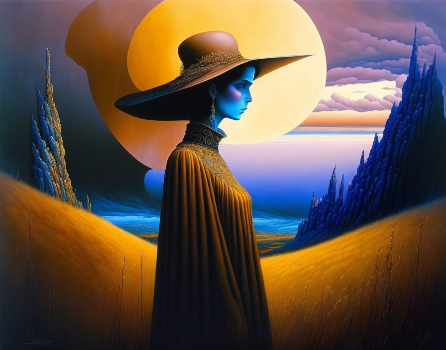 Surreal portrait of person in wide-brimmed hat against evening landscape