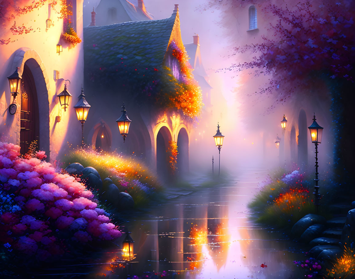 Charming cobblestone street with lantern-lit houses and lush foliage