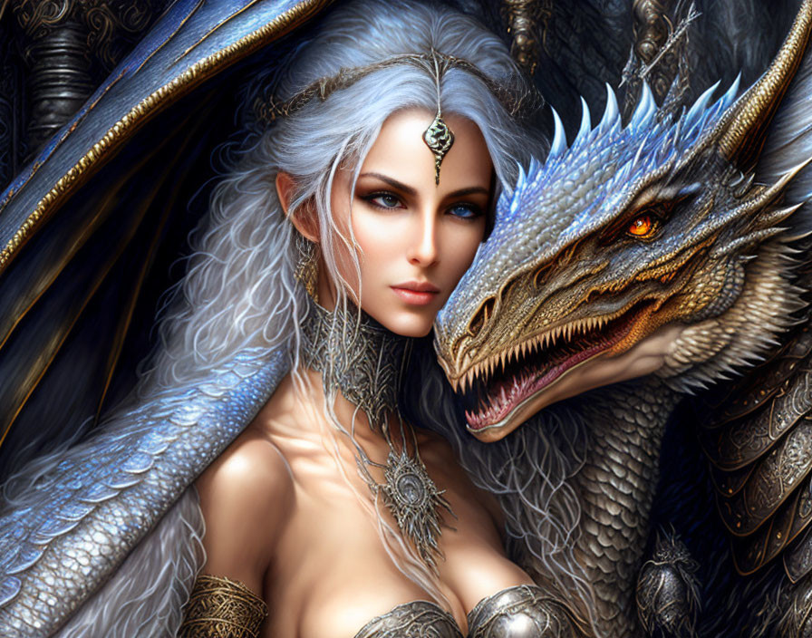 Fantasy illustration: Silver-haired woman with dragon, rich colors & regal elements