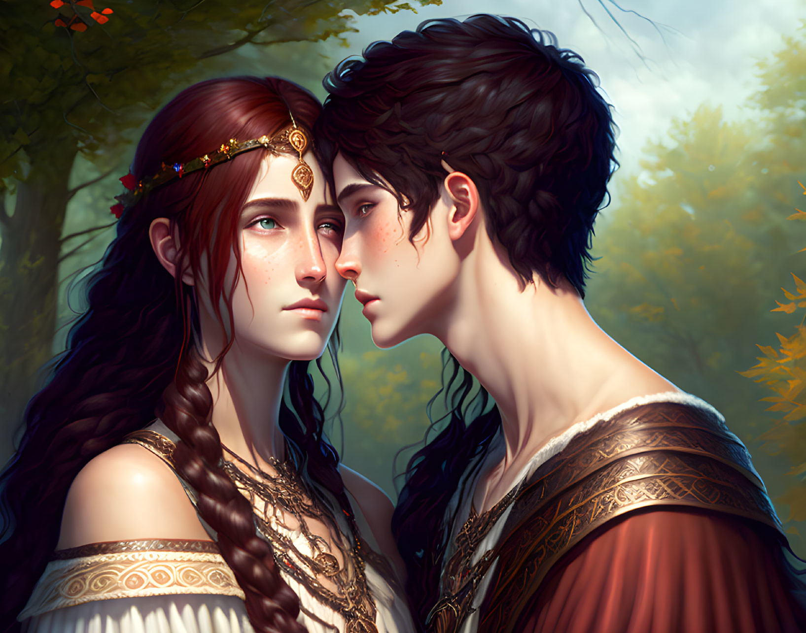 Fantasy-themed digital artwork of young man and woman in autumn forest