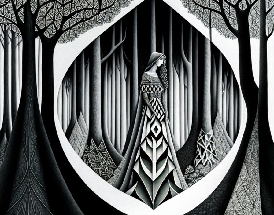 Monochromatic abstract forest illustration with geometric patterns and cloaked woman.