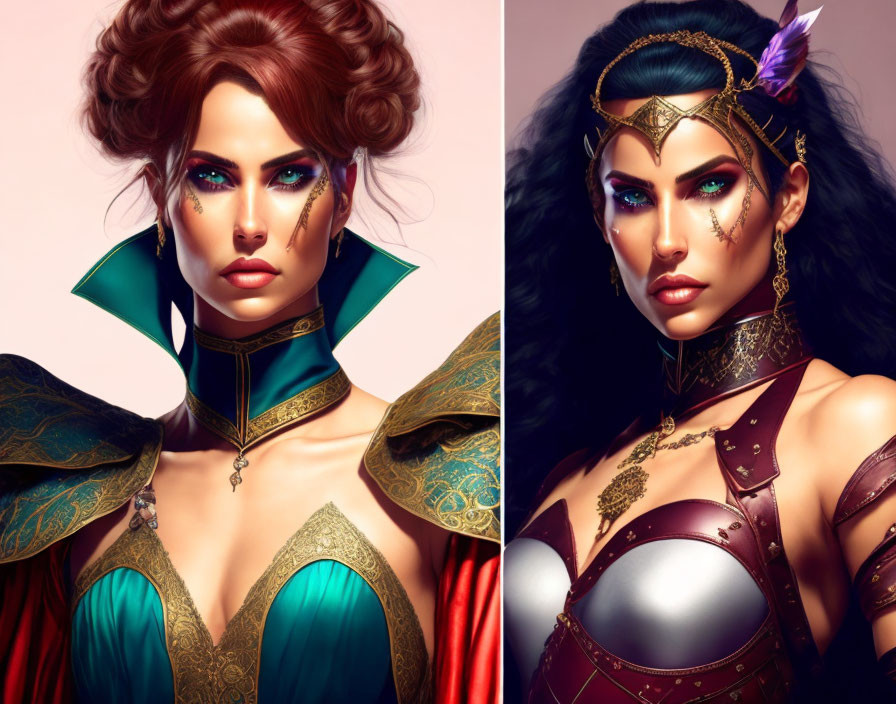 Fantasy female character portraits with elaborate makeup, hairstyles, and ornate gold-accented armor on