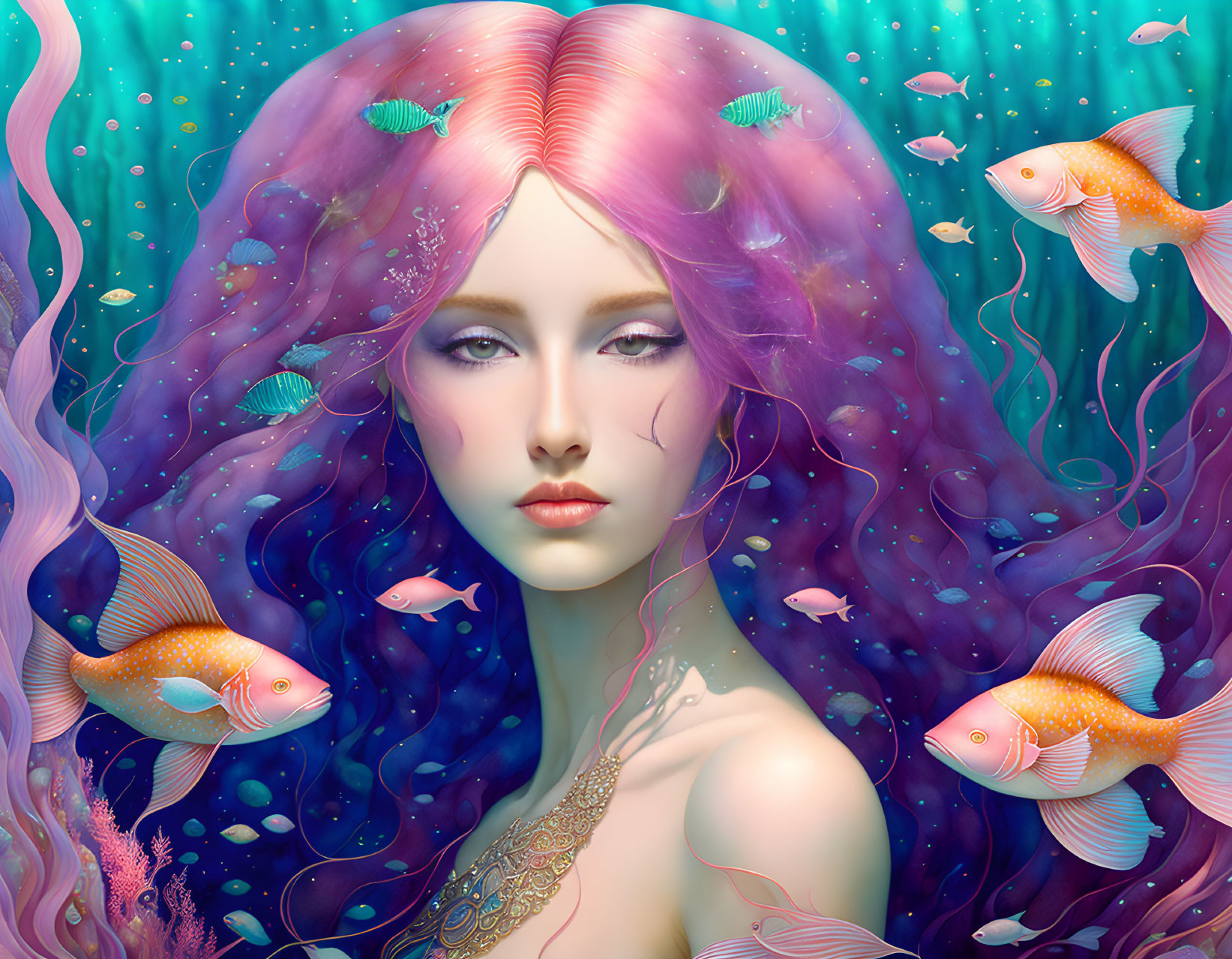 Purple-haired woman merges with aquatic scene surrounded by fish and flora