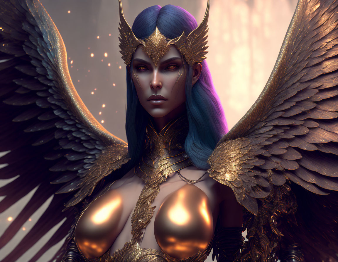 Multicolored Hair Fantasy Character in Golden Armor with Bronze Wings