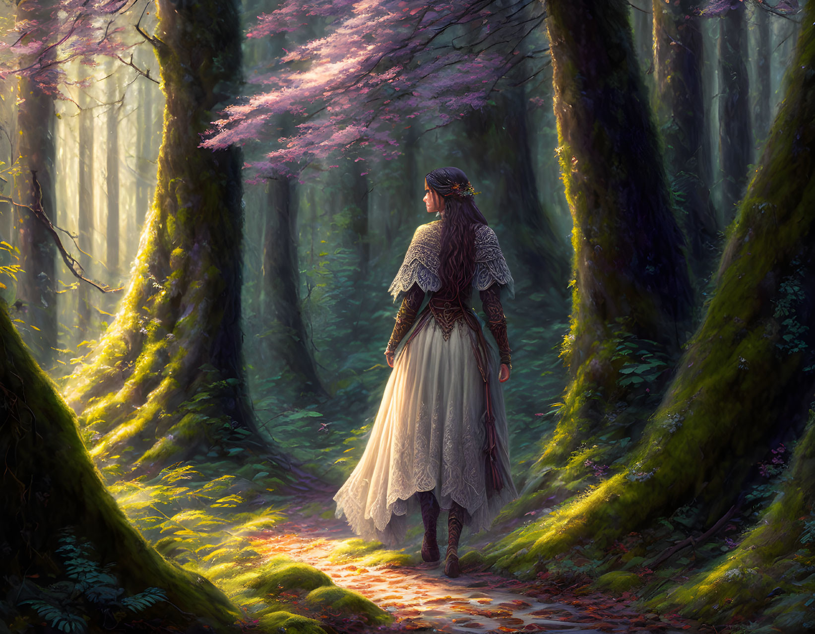 Historical woman in forest with sunlight and pink blossoms