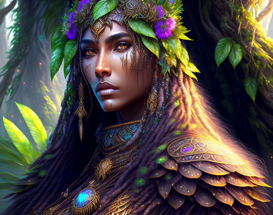 Fantasy female character in vibrant floral crown and feathered garments