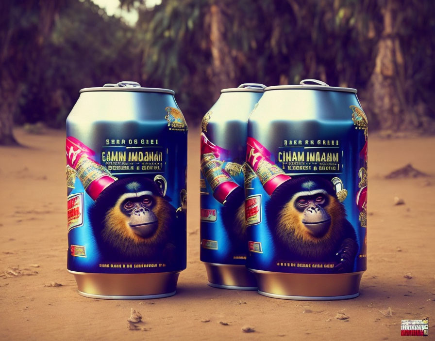 Illustrated beer cans featuring gorilla motif in exotic jungle setting