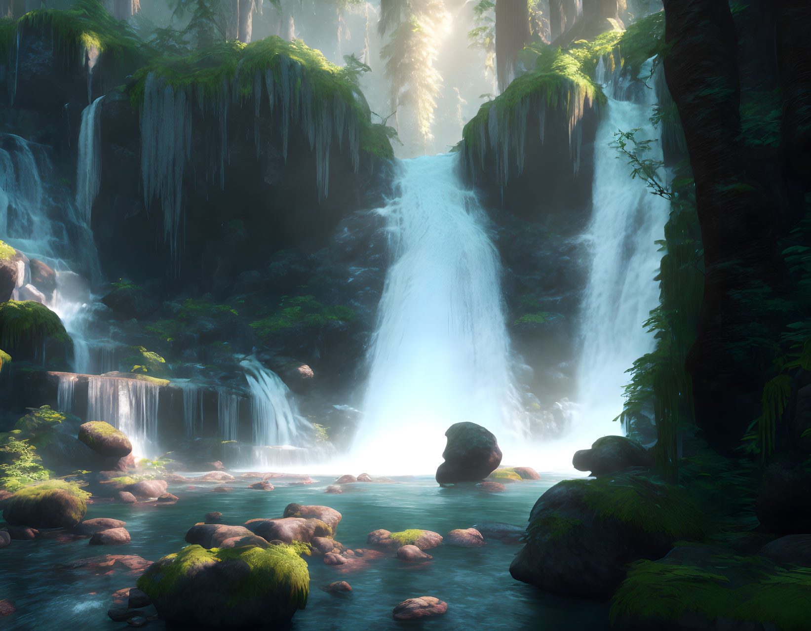 Serene waterfall landscape with lush greenery