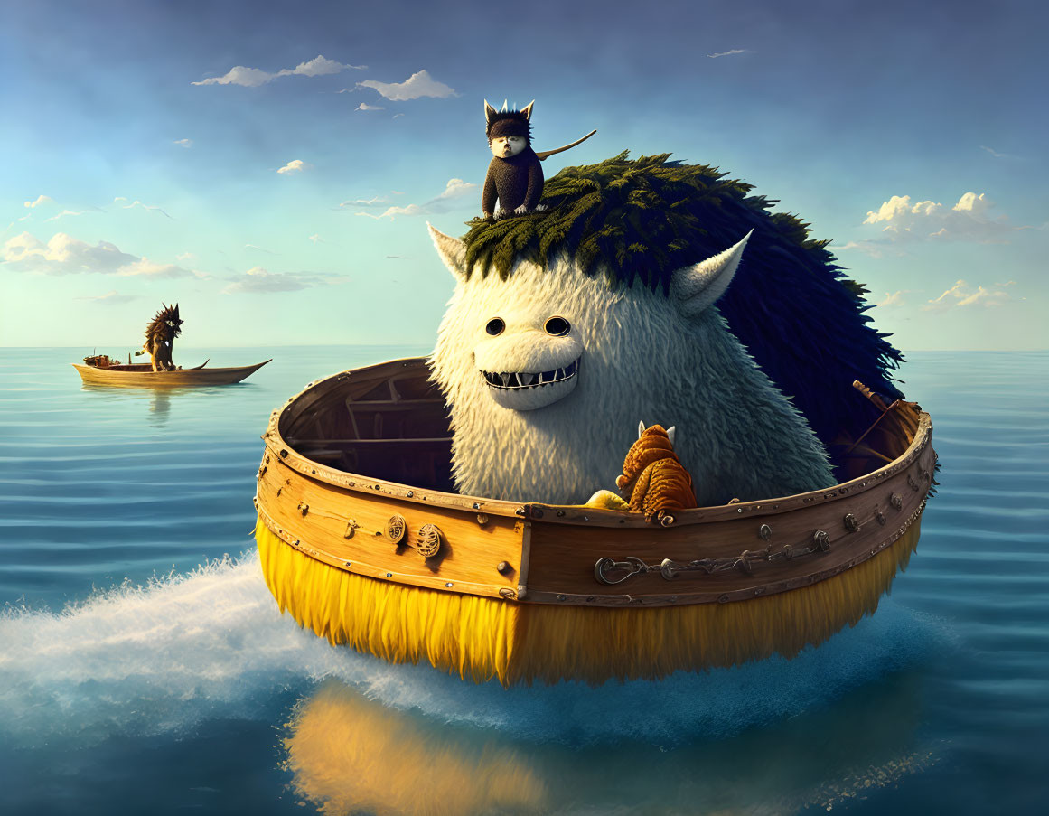 Giant furry beast in wooden tub with cat and boat on ocean