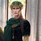 Mystical woman with braided ponytail in green cloak and golden headdress in sunlit forest