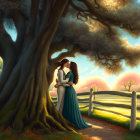 Embracing couple under large tree in serene landscape