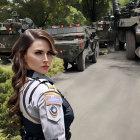 Police woman in uniform with badge and radio in front of armored convoy on tree-lined road