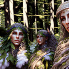 Ethereal beings with foliage crowns in mystical forest