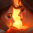 Close Serene Moment: Two Women Bathed in Warm Light with Flower in Hair