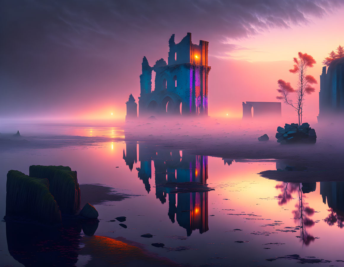 Surreal twilight landscape with reflective water surface and ancient ruins