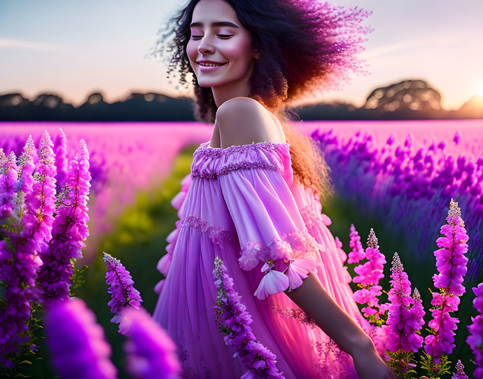 Woman in Purple Dress Surrounded by Lupine Flowers at Sunset