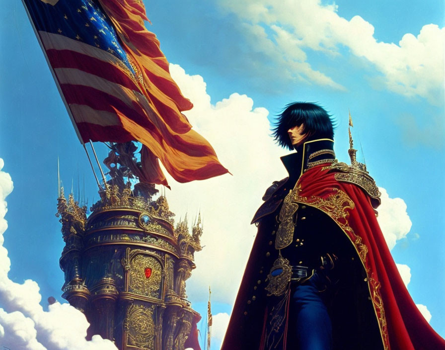 Blue-haired character in red coat with American flag and gothic architecture