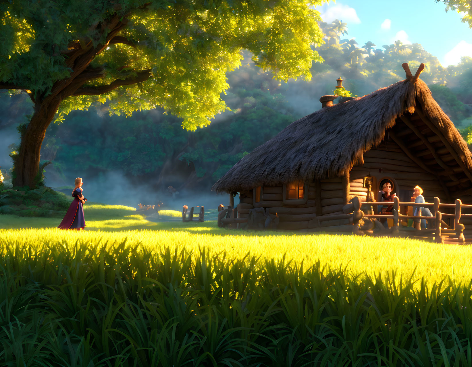 Tranquil 3D animated scene of woman in purple dress near wooden cabin