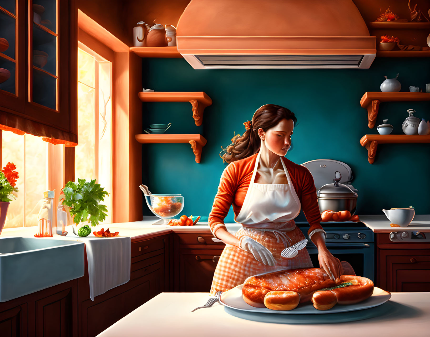 Woman Cooking in Sunlit Kitchen with Fresh Ingredients