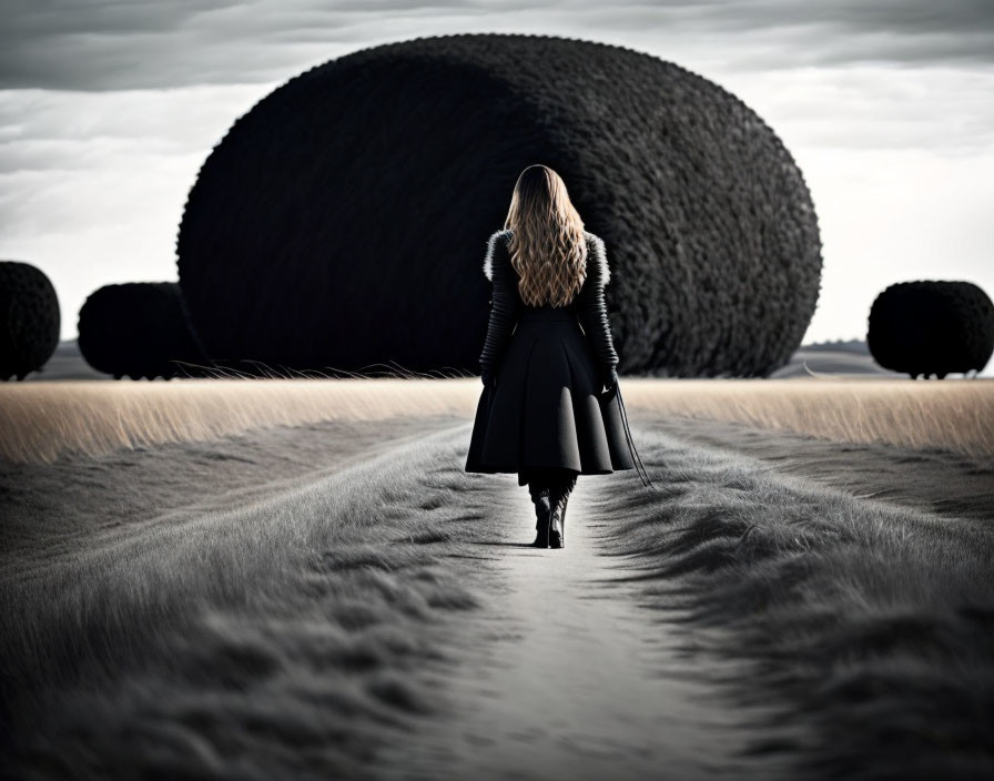 Person in black coat walking towards giant dark spheres in barren landscape