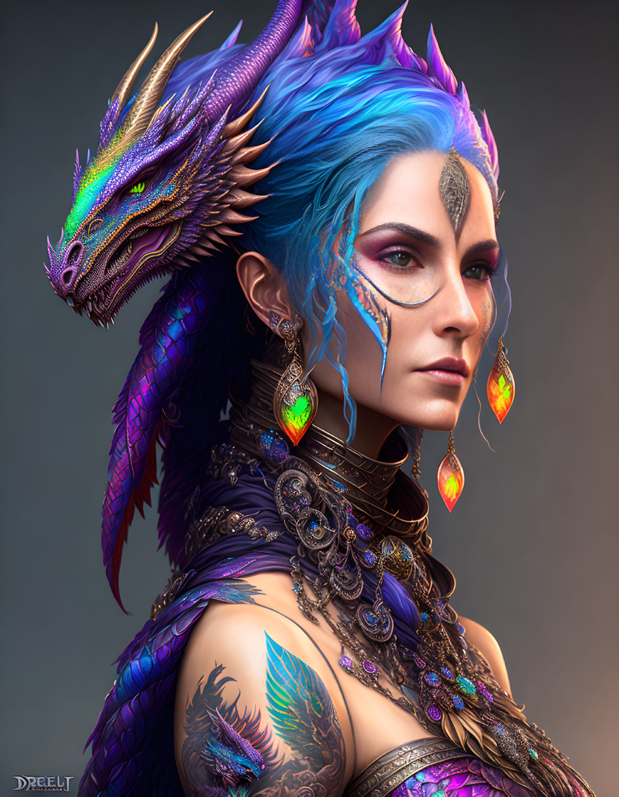 Fantasy portrait of woman with blue hair, dragon features, tattoos, and jewelry, connected to purple